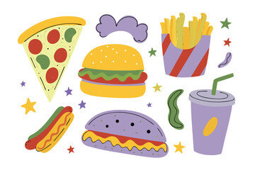 Delicious Fast Food Collage: This vibrant illustration showcases a mouthwatering ensemble of beloved fast food items, perfect for any culinary project, bringing the essence of quick and tasty eats.