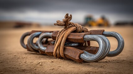 Rusty Metal Chain Tied with Rope on Sandy Surface in Desert Landscape