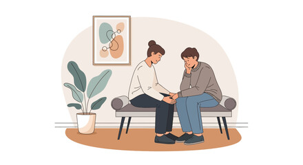 Woman Comforting Friend Sitting On Bench Inside Providing Support Connection