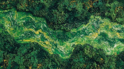 Aerial view showing verdant forest with river flowing through the environment