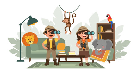 Fototapeta premium Young explorers adventure in the living room with binoculars and jungle animals theme