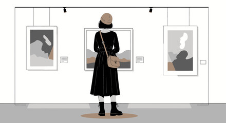 Woman Observing Modern Art Exhibitions Appreciating Minimalist Artwork At Museum Gallery