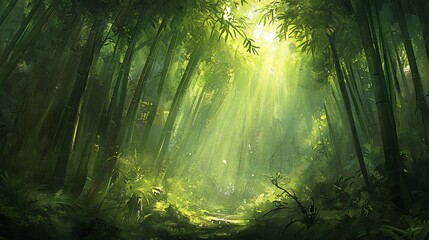 Sunlight streams down into dense bamboo forest, creating a magical atmosphere in the natural area.