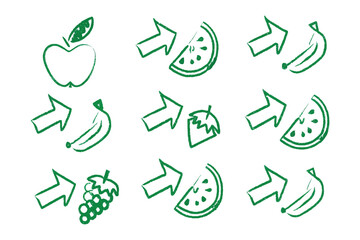 Obraz premium Fresh Fruit Arrows: A selection of vibrant green fruit, including apple, watermelon, banana, grapes.