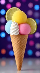 Colorful Ice Cream Cone with Sprinkles and Lime