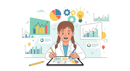 Young Scientist Analyzing Data Visualizations with Graph Charts and Reports