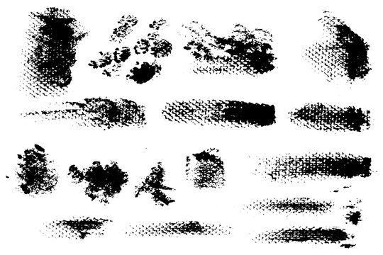 Set of brush strokes, grunge splashes, real brush strokes, handmade brush splatters, transparent PNG  distressed textures, vintage effects, ink-style illustrations, urban art compositions, dynamic 