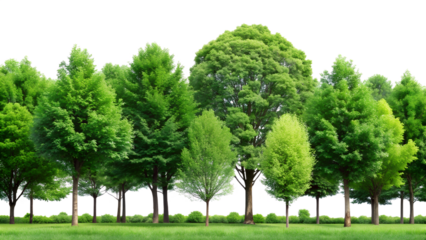 Green trees in a row isolated on transparent background, a natural landscape with vibrant foliage and a peaceful scenery in summer