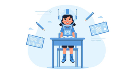 Fototapeta premium Young Student Dressed as Astronaut in Classroom Imaginative Learning Concept