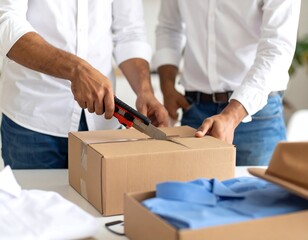 Two men in white shirts open a cardboard box with a utility knife
