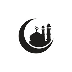 Silhouette of Mosque with Crescent Moon Symbol Islamic Architecture Celebrating Ramadan and Eid for Religious Occasions