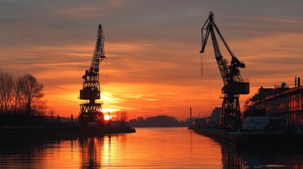 Fototapeta premium Harbor Cranes at Sunset: A Fiery Industrial Silhouette
