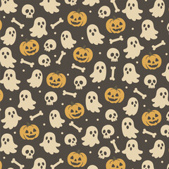 Fototapeta premium A festive Halloween pattern featuring pumpkins, ghosts, skulls, bones and stars on a dark background. Perfect for decoration designs and seasonal themes. 