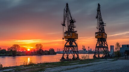 Obraz premium Sunset Harbor Cranes: A Serene Industrial Landscape