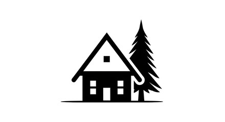 House and Tree Icon in Black and White Minimalist Style