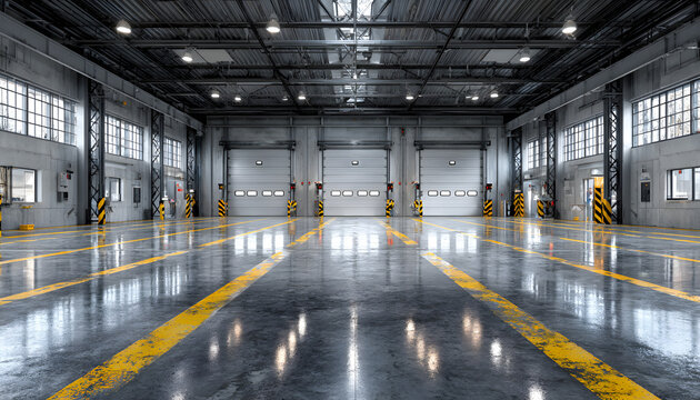 Clean, modern industrial interior with polished concrete floor featuring yellow line markings. Three white roller shutter doors with small windows dominate back wall. Empty space provides ample room - Powered by Adobe