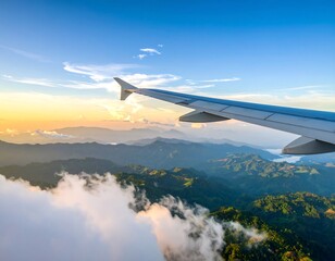 Fototapeta premium Airplane wing over clouds and mountains