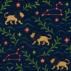 Textured seamless pattern of the Leo zodiac sign featuring walking lions and glowing red constellations.