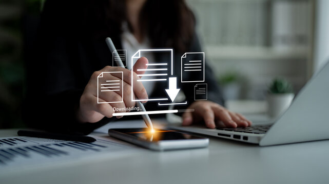 Visual representation of digital document downloading, showing file transfer, data access, and progress status for secure and efficient information retrieval Latch - Powered by Adobe