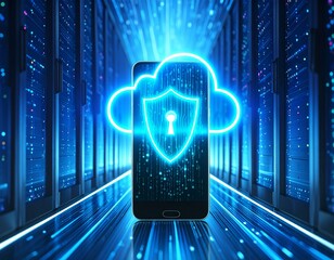 A glowing smartphone with a cloud and shield icon symbolizing secure mobile cloud computing in a futuristic data center environment.