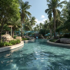 Obraz premium Beautiful resort swimming pool surrounded by tall palm trees and clear blue water under a sunny tropical sky. Vacation and leisure concept.