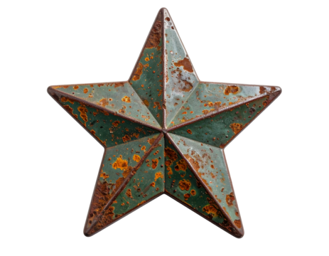 Rusted star-shaped metal badge – Photorealistic rusted star-shaped metal badge with worn edges and corroded texture, high detail, isolated on transparent PNG background, ideal for vintage and industri