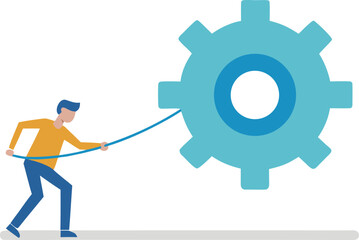 Flat Vector Of A Small Person Pushing A Huge Gear