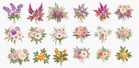 A beautiful collection of eighteen watercolor floral bouquets in various arrangements and colors.
