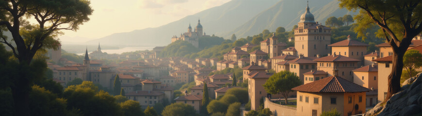 Fototapeta premium panorama of the city located in a picturesque place with mountains on background, river and bridges, beautiful landscape at sunset