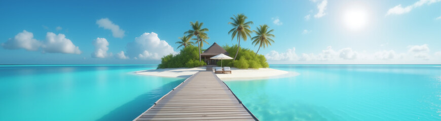 beautiful panoramic landscape of the sea and a small island with palm trees with a cozy beach and bungalow, a wooden path leads to it, the concept of summer holidays and travel