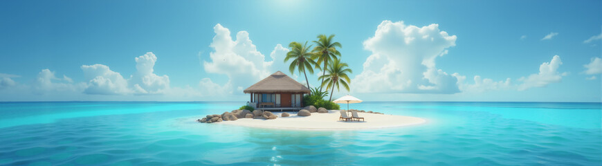 beautiful panoramic landscape of the sea and a small island with palm trees with a cozy beach and bungalow, a wooden path leads to it, the concept of summer holidays and travel