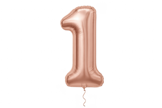 Rose Gold Foil Balloon Number One Floating with Transparent Background