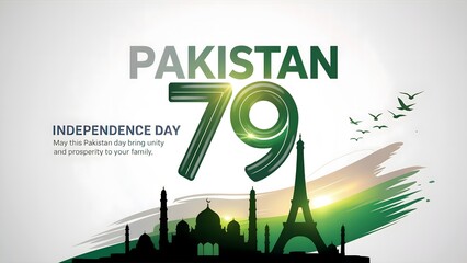 Pakistan 79th Independence Day Celebration Poster with Green Abstract Brush Stroke, Minar e Pakistan, Badshahi Mosque, Eiffel Tower Silhouette, Flying Birds and Sunrise Light Effect on White Backgroun