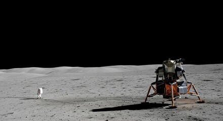 Astronaut standing near lunar module on the moon. Space exploration mission. First moon landing concept. Sci-fi fiction.