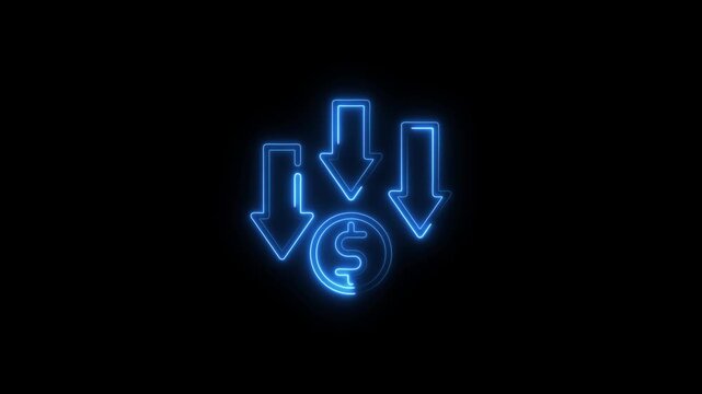 Blue Neon Dollar Sign with Downward Arrows on Black Background Financial Crisis Concept