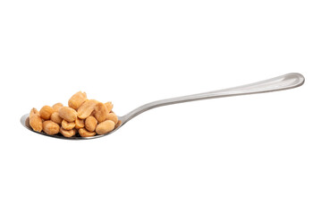 Roasted and salted peanuts on stainless steel spoon isolated