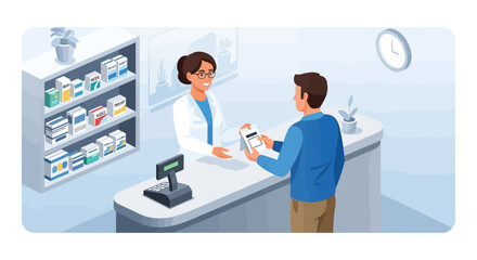 Fototapeta premium Friendly female pharmacist assisting a male patient at the pharmacy counter, illustrating modern healthcare with a digital prescription.