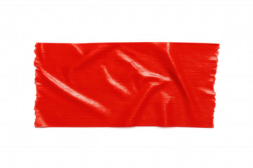 Weathered red adhesive tape with frayed edges, isolated on clear surface, showcasing industrial wear and practical utility
