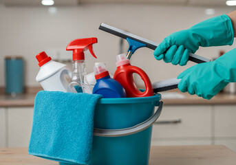 Close-up of hands in green protective gloves holding a window squeegee, with a blue bucket full of various cleaning supplies like bottles and a towel, ready for household chores