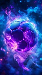 Glowing soccer ball engulfed in smoke and fire, floating in a dark, atmospheric space