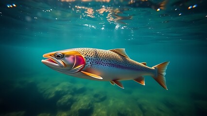 Naklejka premium Underwater view of trout swimming in clear stream, showcasing tranquil aquatic scenery.
