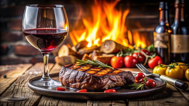 A gourmet grilled steak dinner with fresh vegetables and a glass of red wine on a restaurant table