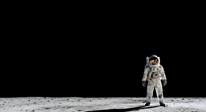 Man, an astronaut on the moon with an American flag patch, stands on the lunar surface. Space exploration concept. - Powered by Adobe