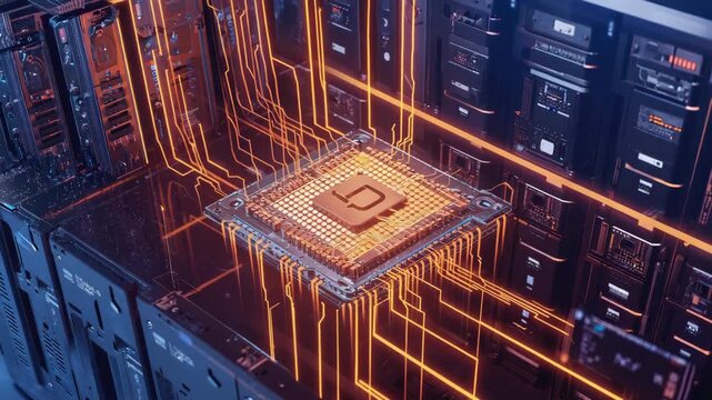 Cpu with orange glowing logo connecting to server racks with orange luminous wires, symbolizing data processing and network communication in a data center