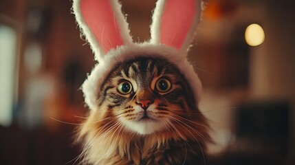 A curious cat wearing bunny ears.