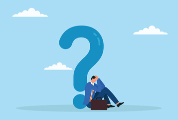 Vector illustration of a depressed businessman sitting under a big question mark, representing feelings of doubt, confusion, and uncertainty in professional or personal life
