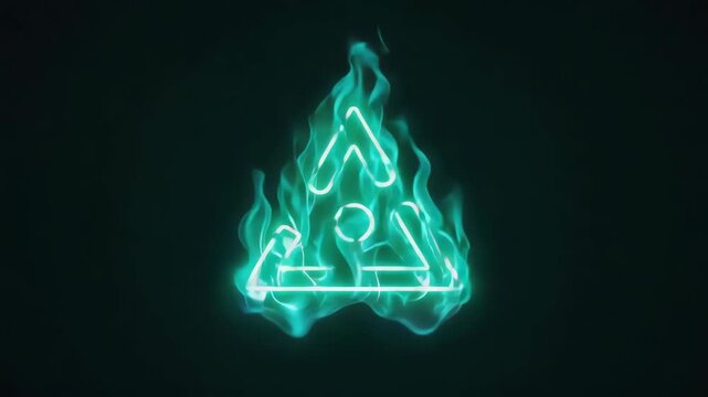 Glowing neon triangular symbol with a circle in the center burning in bright orange and yellow flames on a dark background creates a captivating visual