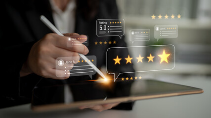 Customer centric review and rating system supports product review, digital rating concept, and customer give good trust by visualizing people choice through stars and feedback content technology Latch