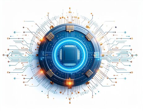 A futuristic circular microprocessor with a glowing blue core and intricate circuit board pathways on a white background.