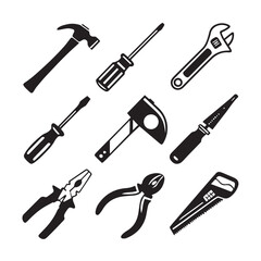 Fototapeta premium Collection of hand tools in a simple black and white illustration